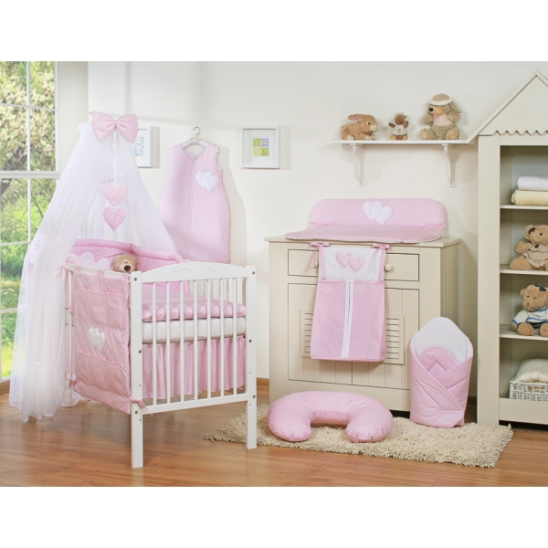Kinderbett Bettwäsche Set 7-tlg mit Moskitonetz für Babybett - Hängende Herzen Rosa-Punktemuster