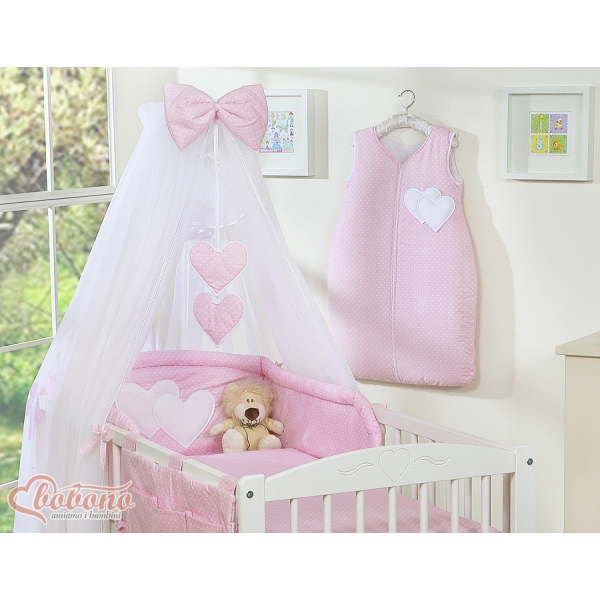 Kinderbett Bettwäsche Set 7-tlg mit Moskitonetz für Babybett - Hängende Herzen Rosa-Punktemuster