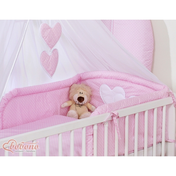 Kinderbett Bettwäsche Set 7-tlg mit Moskitonetz für Babybett - Hängende Herzen Rosa-Punktemuster