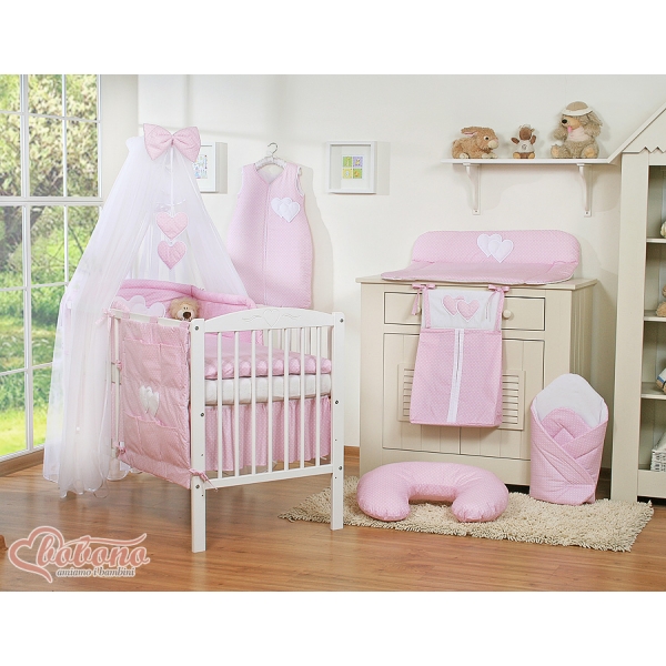 Kinderbett Bettwäsche Set 7-tlg mit Moskitonetz für Babybett - Hängende Herzen Rosa-Punktemuster