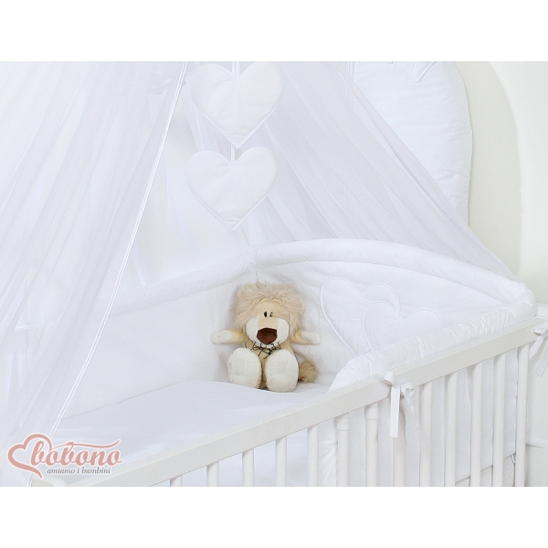 Kinderbett Bettwäsche Set 7-tlg mit Moskitonetz für Babybett - Hängende Herzen weiß