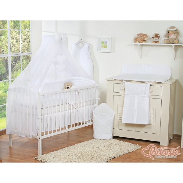 Kinderbett Bettwäsche Set 7-tlg mit Moskitonetz für Babybett - Hängende Herzen weiß