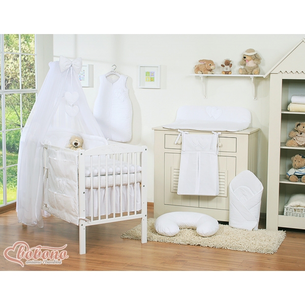 Kinderbett Bettwäsche Set 7-tlg mit Moskitonetz für Babybett - Hängende Herzen weiß