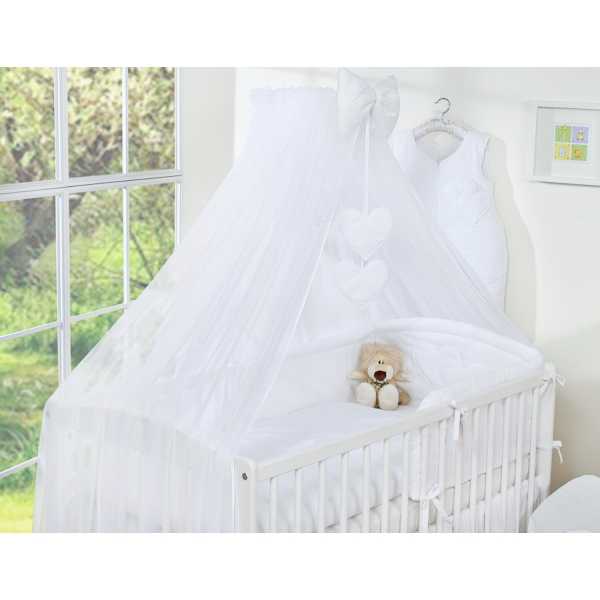Kinderbett Bettwäsche Set 7-tlg mit Moskitonetz für Babybett - Hängende Herzen weiß