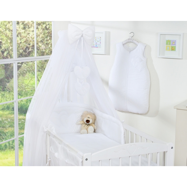 Kinderbett Bettwäsche Set 7-tlg mit Moskitonetz für Babybett - Hängende Herzen weiß