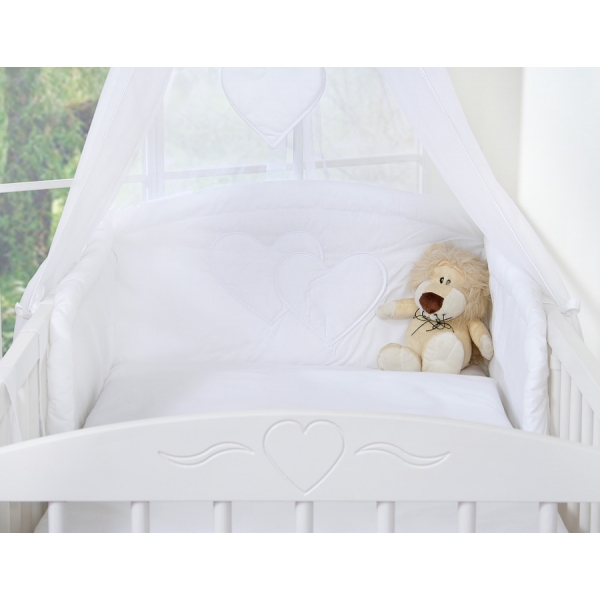 Kinderbett Bettwäsche Set 7-tlg mit Moskitonetz für Babybett - Hängende Herzen weiß