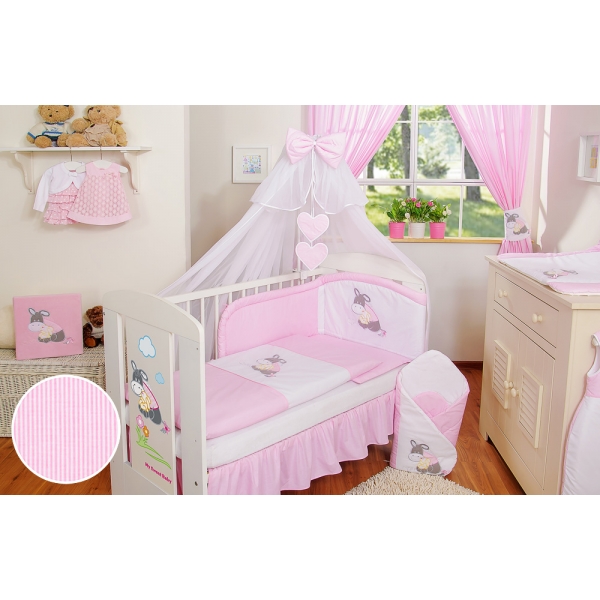 Kinderbett Bettwäsche Set 7-tlg mit Moskitonetz für Gitterbett - Esel Luca pink