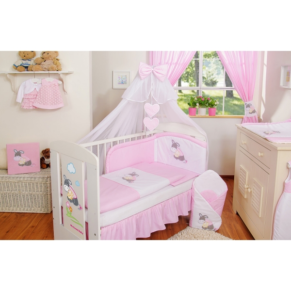 Kinderbett Bettwäsche Set 7-tlg mit Moskitonetz für Gitterbett - Esel Luca pink