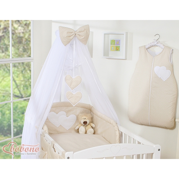 Kinderbett Bettwäsche Set 7-tlg mit Moskitonetz - Hängende Herzen Beige-Punktemuster