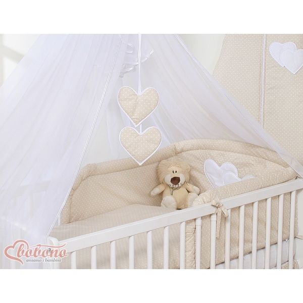 Kinderbett Bettwäsche Set 7-tlg mit Moskitonetz - Hängende Herzen Beige-Punktemuster