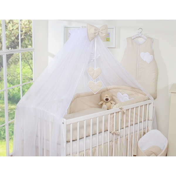 Kinderbett Bettwäsche Set 7-tlg mit Moskitonetz - Hängende Herzen Beige-Punktemuster