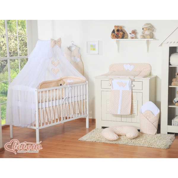 Kinderbett Bettwäsche Set 7-tlg mit Moskitonetz - Hängende Herzen Beige-Punktemuster