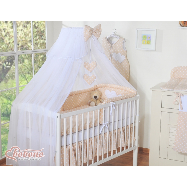 Kinderbett Bettwäsche Set 7-tlg mit Moskitonetz - Hängende Herzen Beige-Punktemuster