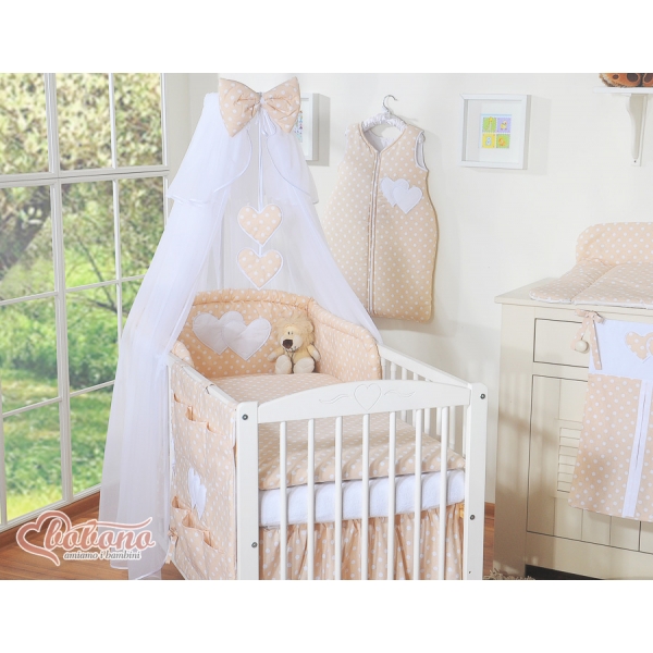 Kinderbett Bettwäsche Set 7-tlg mit Moskitonetz - Hängende Herzen Beige-Punktemuster