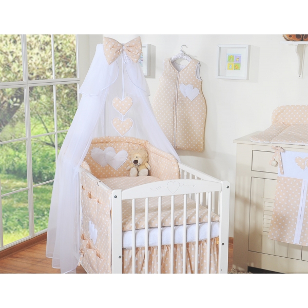 Kinderbett Bettwäsche Set 7-tlg mit Moskitonetz - Hängende Herzen Beige-Punktemuster