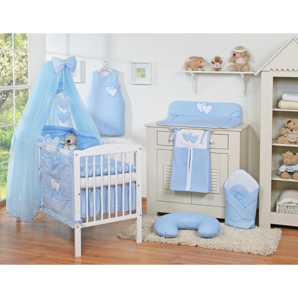 Baby Bettset Bettwäsche Set 7-tlg mit Moskitonetz - Hängende Herzen blau Babybett 140x70cm