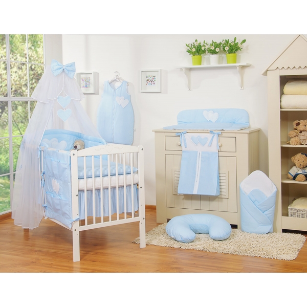 Kinderbett Bettwäsche Set 7-tlg mit Moskitonetz - Hängende Herzen blau gestreift