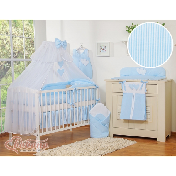 Kinderbett Bettwäsche Set 7-tlg mit Moskitonetz - Hängende Herzen blau gestreift