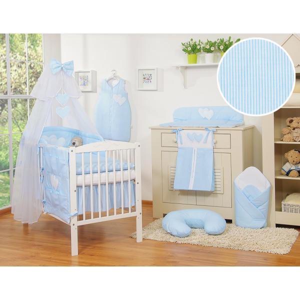 Kinderbett Bettwäsche Set 7-tlg mit Moskitonetz - Hängende Herzen blau gestreift
