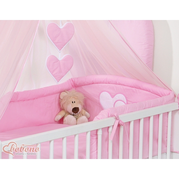 Kinderbett Bettwäsche Set 7-tlg mit Moskitonetz - Hängende Herzen rosa