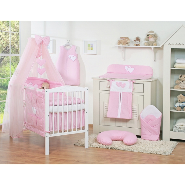 Kinderbett Bettwäsche Set 7-tlg mit Moskitonetz - Hängende Herzen rosa