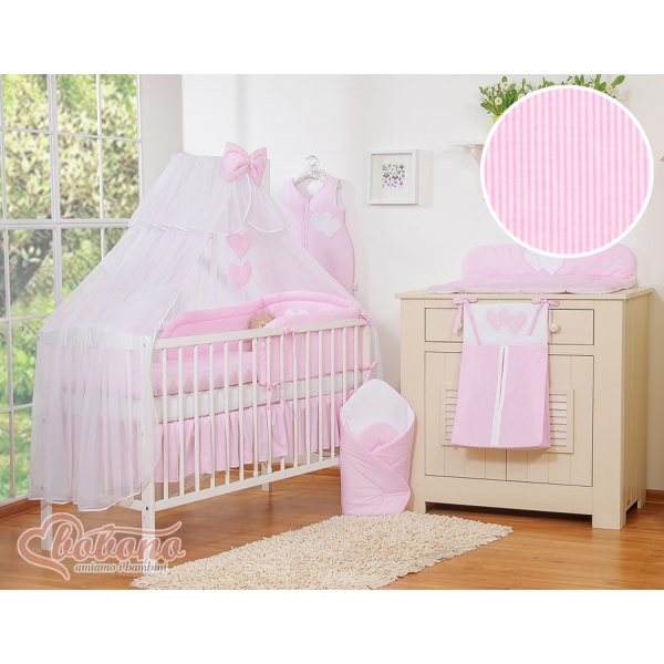 Kinderbett Bettwäsche Set 7-tlg mit Moskitonetz - Hängende Herzen rosa gestreift