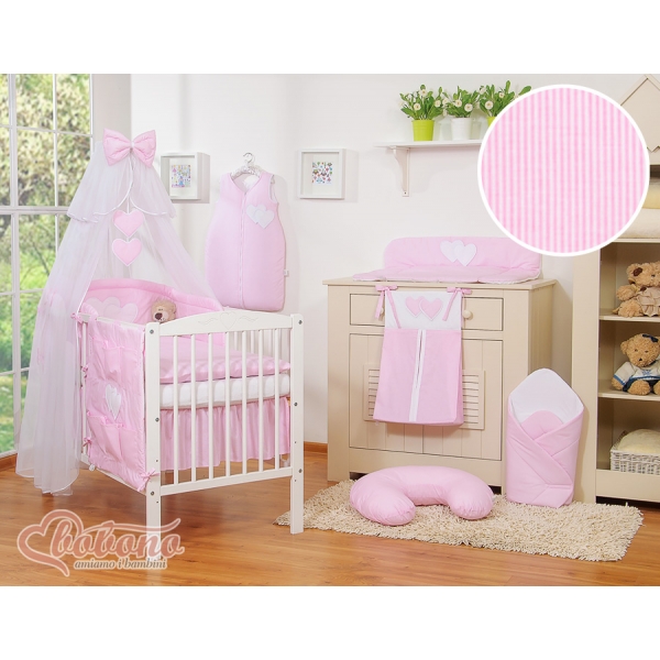 Kinderbett Bettwäsche Set 7-tlg mit Moskitonetz - Hängende Herzen rosa gestreift