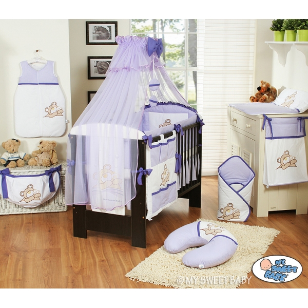 Kinderbett Bettwäsche Set 7-tlg mit Moskitonetz (L60) - Teddy Bär Barnaba lila
