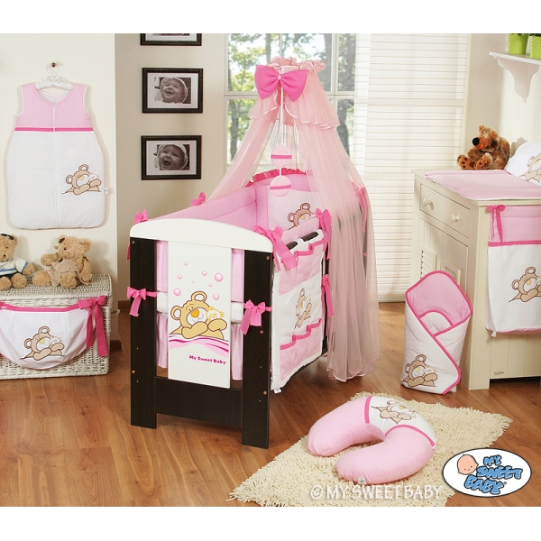 Kinderbett Bettwäsche Set 7-tlg mit Moskitonetz (L60) - Teddy Bär Barnaba rosa