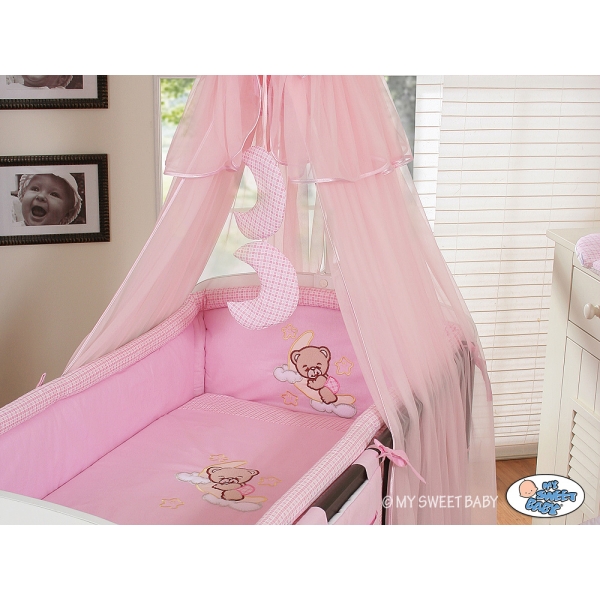 Kinderbett Bettwäsche Set 7-tlg mit Moskitonetz (L70) - Gute Nacht rosa
