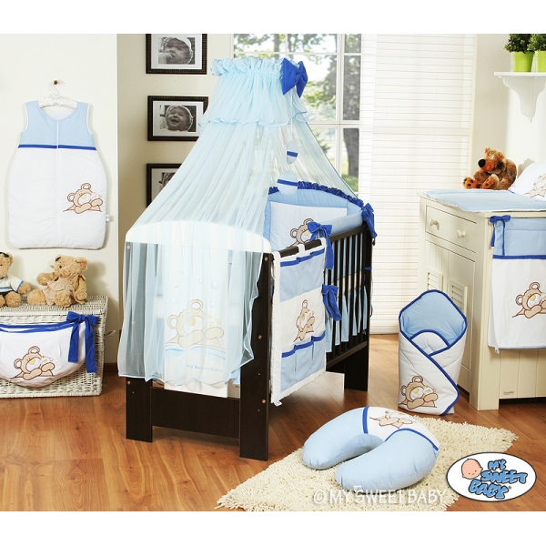 Kinderbett Bettwäsche Set 7-tlg mit Moskitonetz (S60) - Teddy Bär Barnaba blau