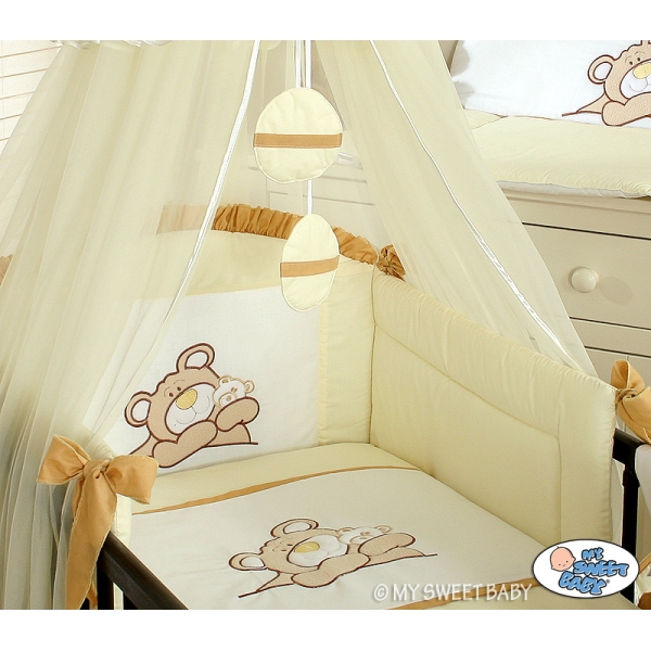 Kinderbett Bettwäsche Set 7-tlg mit Moskitonetz (S60) - Teddy Bär Barnaba creme