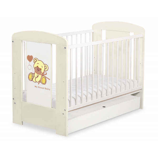 Kinderbett mit Schublade STANDARD 120x60cm Bär mit Schleife creme