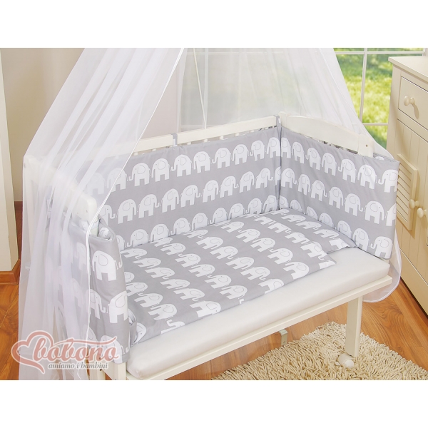 Komplett  Beistellbett FABIO mit Matratze und Bettwäsche Set - Basic Elefanten grau