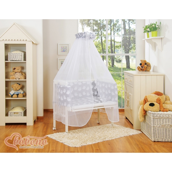 Komplett Beistellbett FABIO mit Matratze und Bettwäsche Set - Basic Eulen grau