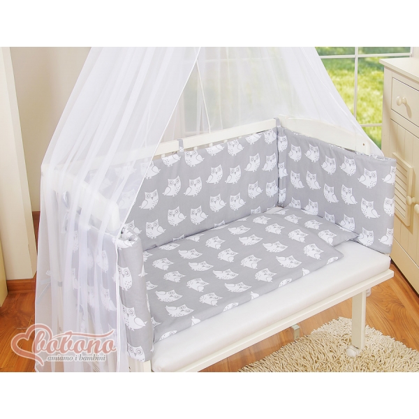 Komplett Beistellbett FABIO mit Matratze und Bettwäsche Set - Basic Eulen grau