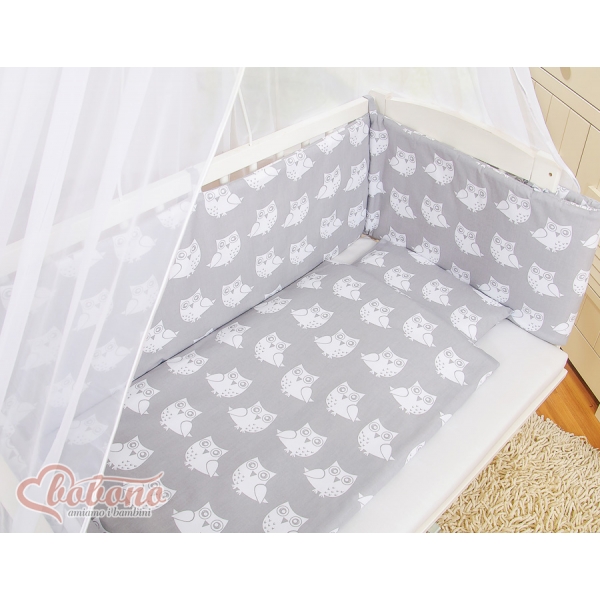 Komplett Beistellbett FABIO mit Matratze und Bettwäsche Set - Basic Eulen grau