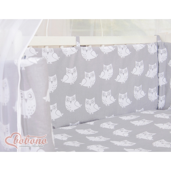 Komplett Beistellbett FABIO mit Matratze und Bettwäsche Set - Basic Eulen grau