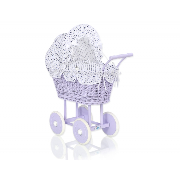 Lila Weide Vintage Puppenwagen Bettwäsche Weiß mit Marineblau Punktemuster nr 91699-727