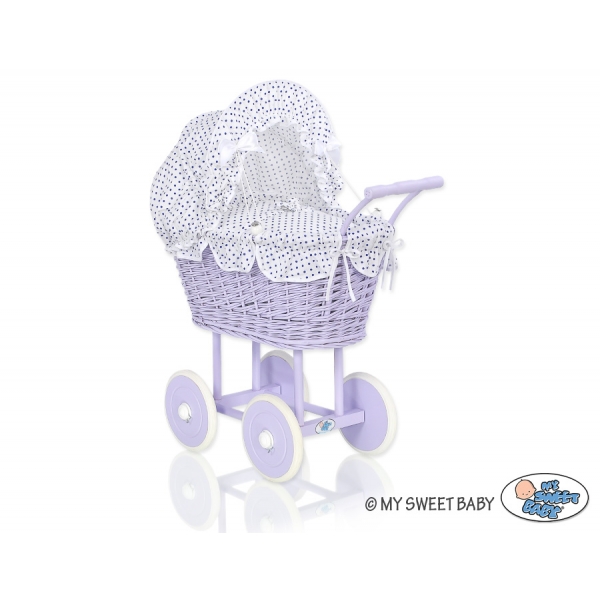 Lila Weide Vintage Puppenwagen Bettwäsche Weiß mit Marineblau Punktemuster nr 91699-727