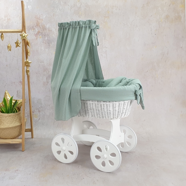Luxus Stubenwagen mit Himmel - Weiß mit Musselin Gold Bettset