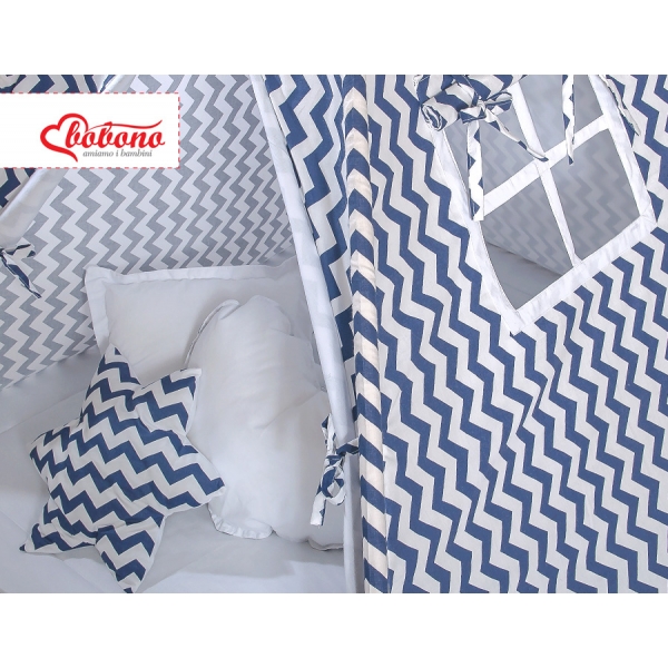 MEGA Set: Teepee Kinderspiel-Zelt+ Spielmatte+ Kissen + Schmuckfedern GRATIS! - Chevron dunkelblau
