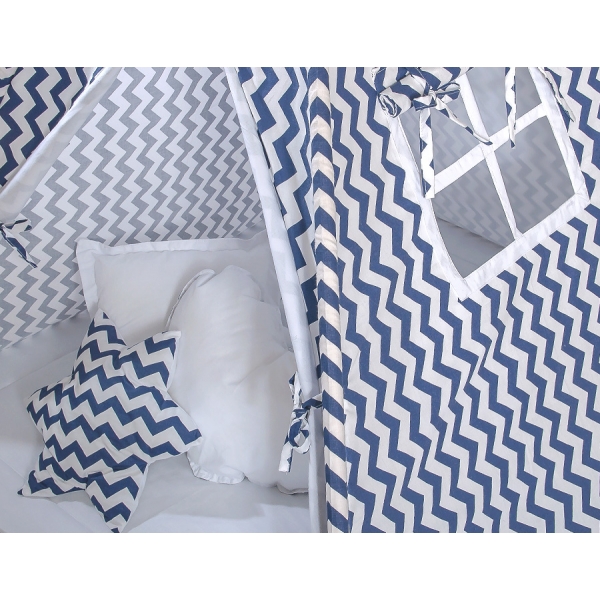 MEGA Set: Teepee Kinderspiel-Zelt+ Spielmatte+ Kissen + Schmuckfedern GRATIS! - Chevron dunkelblau