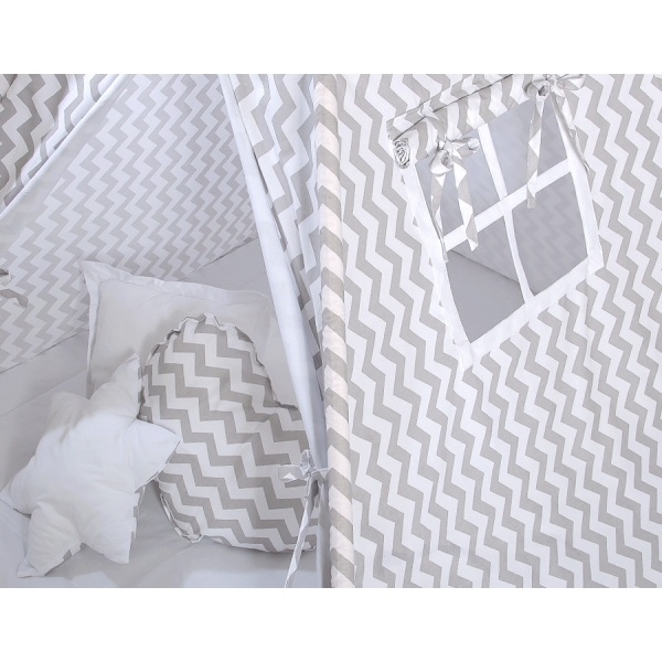 MEGA Set: Teepee Kinderspiel-Zelt+ Spielmatte+ Kissen + Schmuckfedern GRATIS! - Chevron grau