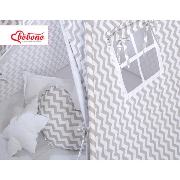 MEGA Set: Teepee Kinderspiel-Zelt+ Spielmatte+ Kissen + Schmuckfedern GRATIS! - Chevron grau