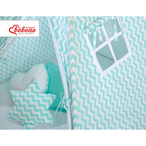 MEGA Set: Teepee Kinderspiel-Zelt+ Spielmatte+ Kissen + Schmuckfedern GRATIS! - Chevron minze