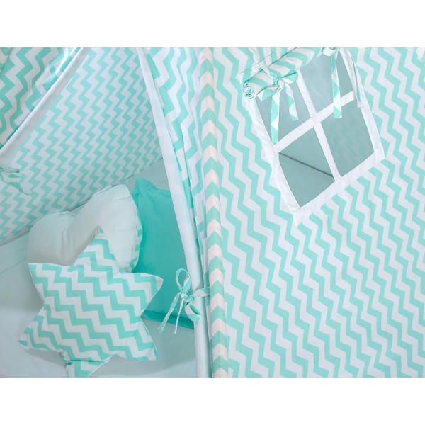 MEGA Set: Teepee Kinderspiel-Zelt+ Spielmatte+ Kissen + Schmuckfedern GRATIS! - Chevron minze
