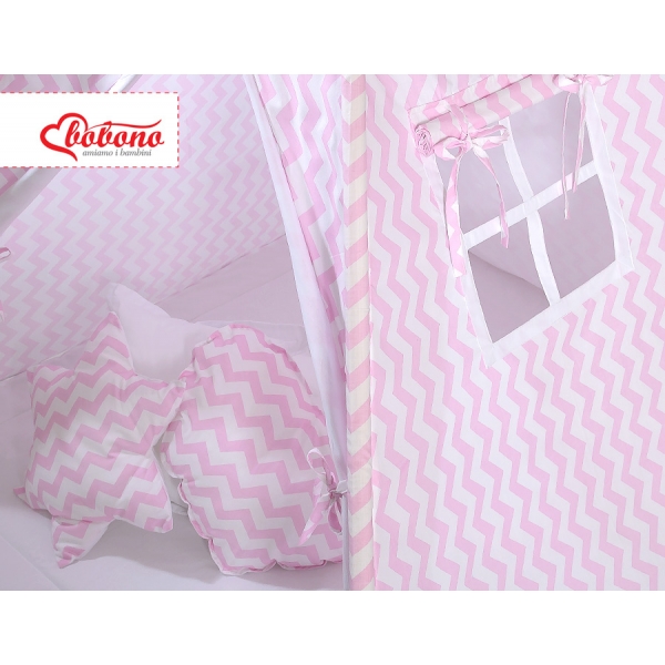 MEGA Set: Teepee Kinderspiel-Zelt+ Spielmatte+ Kissen + Schmuckfedern GRATIS! - Chevron rosa