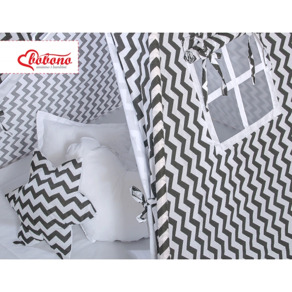 MEGA Set: Teepee Kinderspiel-Zelt+ Spielmatte+ Kissen + Schmuckfedern GRATIS! - Chevron schwarz