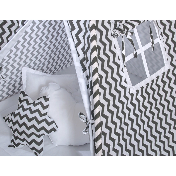 MEGA Set: Teepee Kinderspiel-Zelt+ Spielmatte+ Kissen + Schmuckfedern GRATIS! - Chevron schwarz
